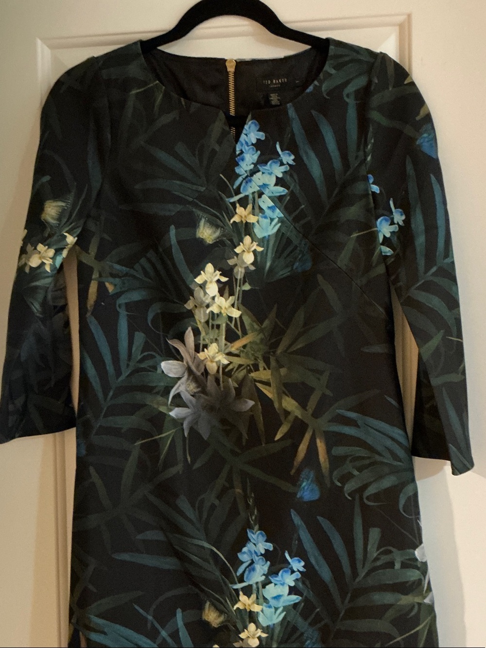 Ted Baker Black Floral Long Sleeve Shift Dress with Blue & Green Print